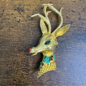 Vintage MYLU Gold Rudolph Reindeer Brooch Pin Crystals  Whimsical Fairycore